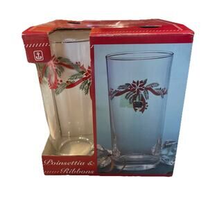 Vintage Anchor Hocking Poinsettia & Ribbons 4pc Iced Tea Glasses 15 oz Christmas
